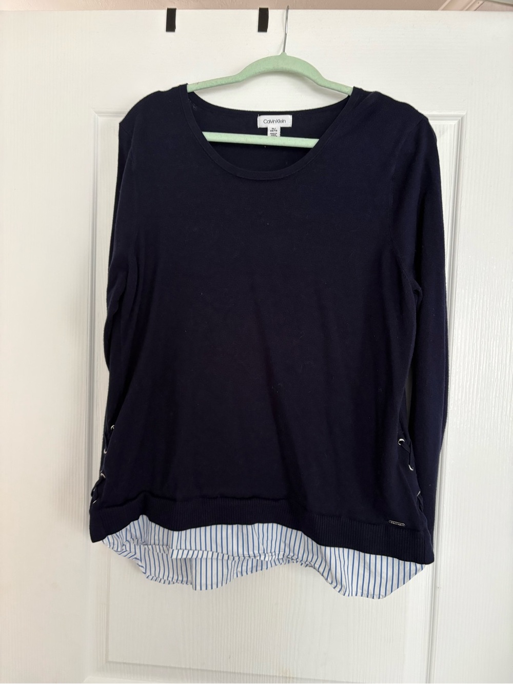 Calvin Klein Navy Sweater with Blue-White Striped Shirt Hem